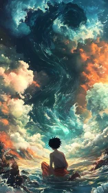 Solitary figure confronts a swirling celestial ocean sky