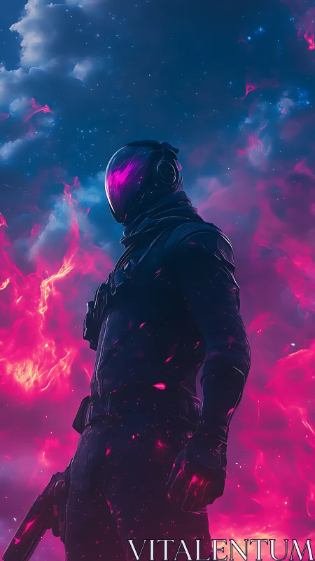 Neon void ranger strides through cosmic firestorm skies.