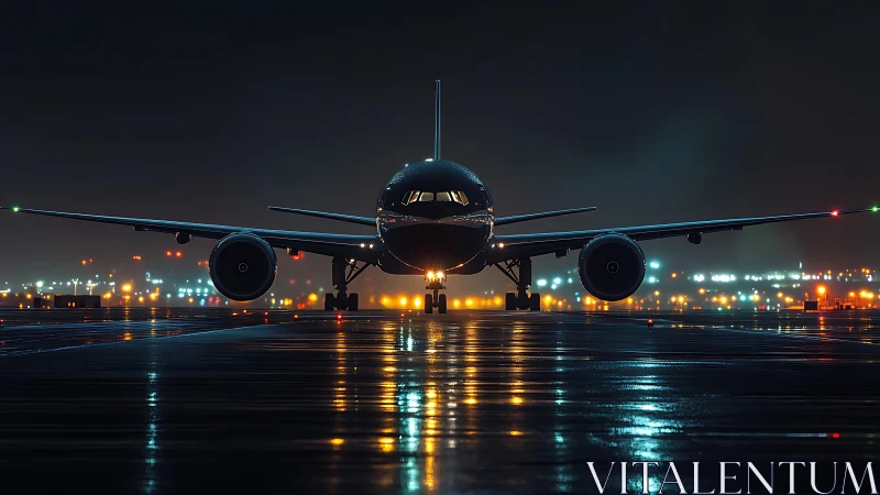 Night runway lights welcome a sleek jet ready for departure
