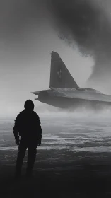 Silhouetted soldier watching jet in stormy monochrome scene.