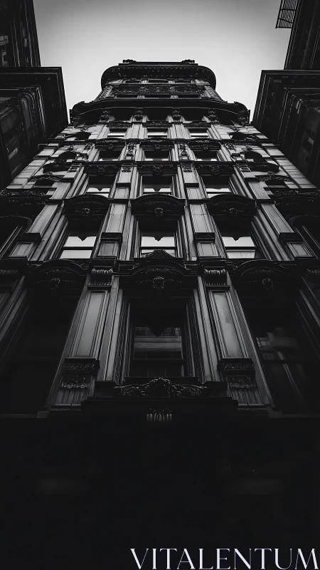Upward view of ornate high-rise in stark monochrome tones.