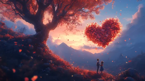 Heart-Shaped Bloom Floats Above Mountain Valley at Sunset.