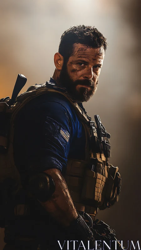 Armed tactical operator in gear under directional backlight.