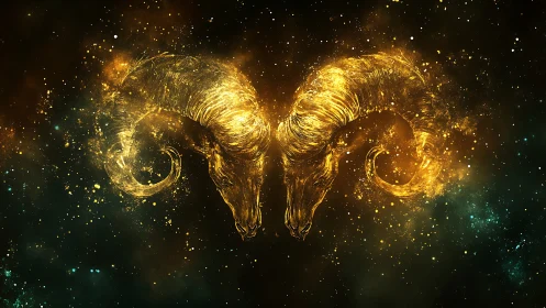 Golden cosmic ram constellation mirrored in deep space.