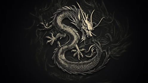 Monochrome serpentine dragon rendered in intricate linework.