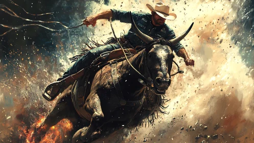 Dust and thunder with a lone cowboy charging forward.