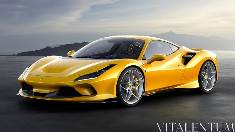 Aerodynamic yellow supercar in coastal dawn illumination.