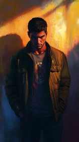 Brooding man in dramatic sunset wall light portrait.
