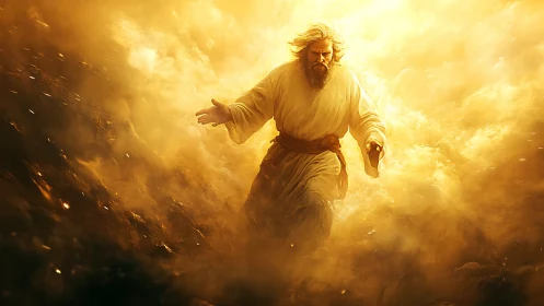 Radiant robed figure strides through swirling golden clouds