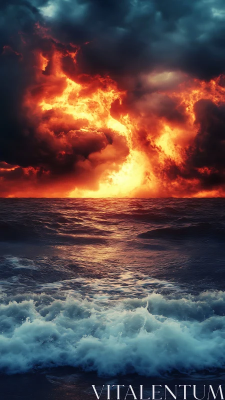 Vertical seascape shows illuminated storm clouds over ocean