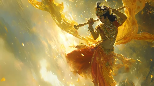 Divine dancer in golden vortex with radiant flowing drapery.