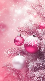 Pink frosted Christmas tree with sparkling ornaments glows softly.
