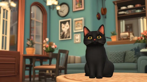 Black cat seated on wooden table in teal-walled interior setting.