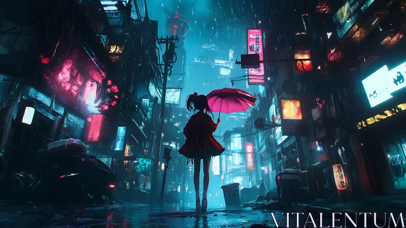Girl with red umbrella wandering neon rain city streets.