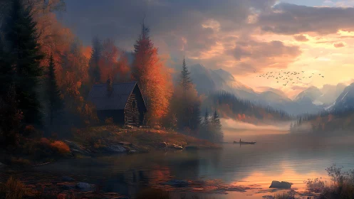 Autumn cabin beside misty lake under glowing mountain sunrise.