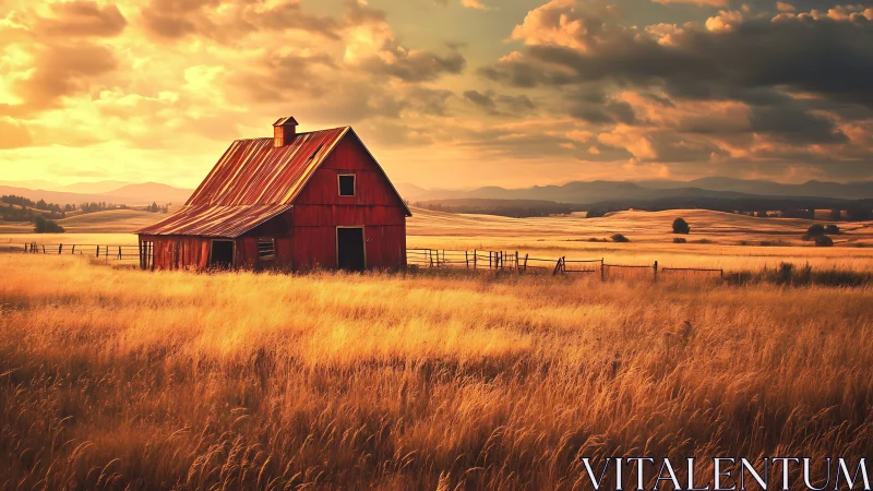 Sunlit red barn amid rolling golden fields at dusk.
