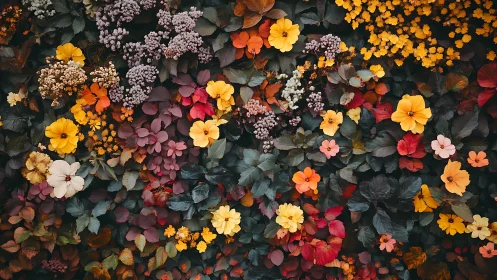 Dense Floral Composition: Warm-Toned Blooms Against Deep Foliage