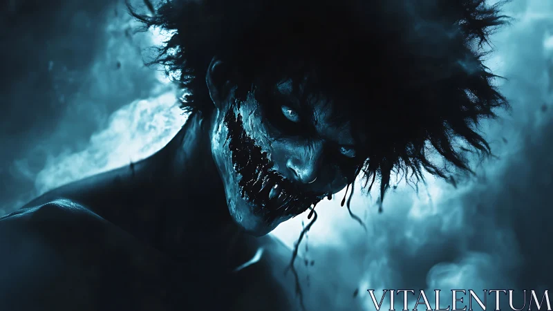 Monochrome blue demonic figure with distorted mouth in smoke.