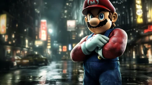 Video game plumber character in wet urban night scene.