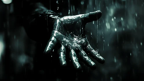 Rain-slicked palm reaches into darkness and catches falling light