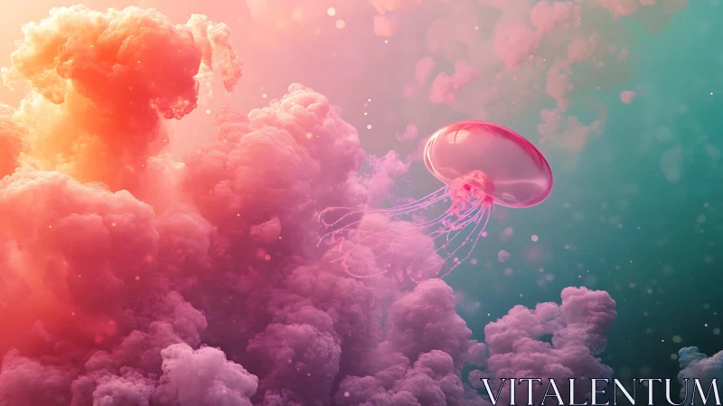 Dreamy pink jellyfish drifting through cotton candy clouds.
