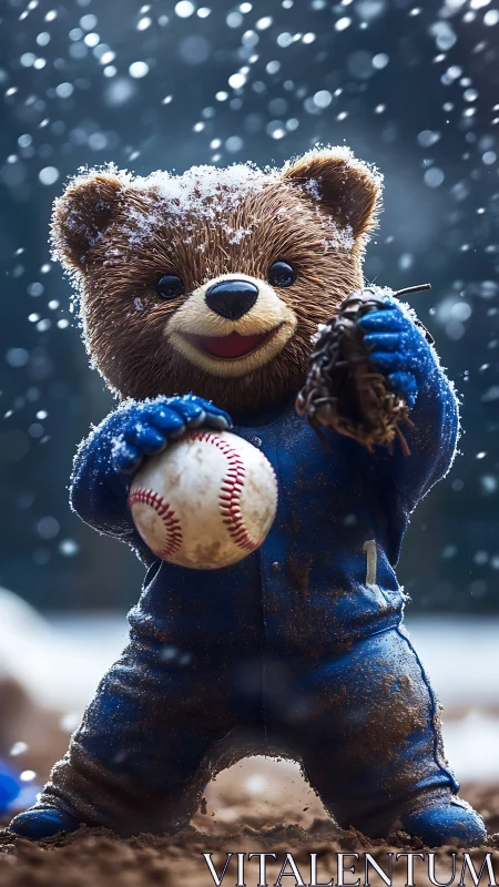 Snow-dusted teddy bear pitcher in muddy baseball field lighting