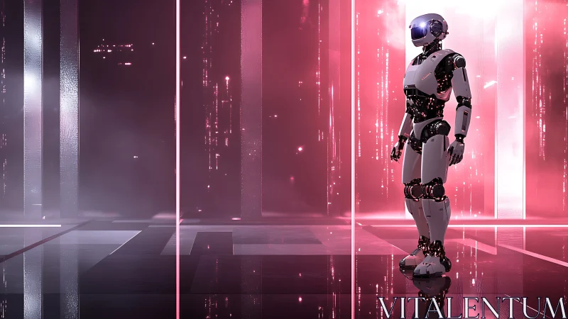 Humanoid robot stands in reflective corridor with red lighting