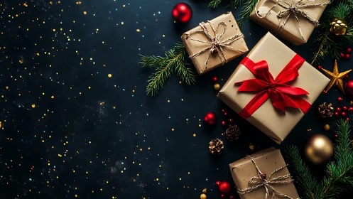 Holiday gift boxes with red ribbon against starry black background.