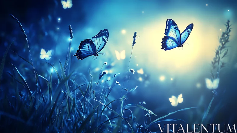Blue Butterflies in Magical Night Meadow, Dreamy Fantasy Art.