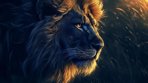 Digital painting profile of lion in dramatic rim lighting.