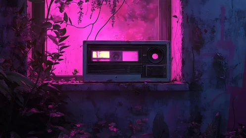 Neon radio on overgrown windowsill in moody ruin.