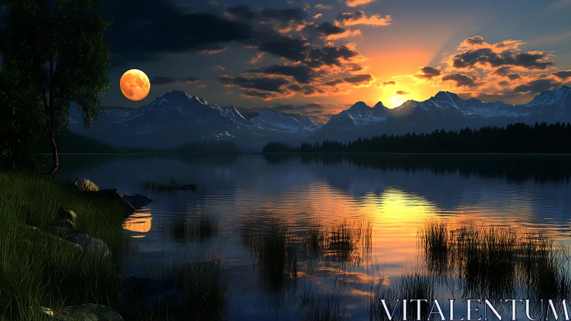 Mountain lake sunset with mirrored sky and rising moon.