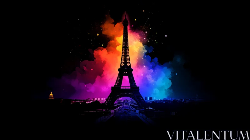 Eiffel Tower glows through neon spectrum over night Paris