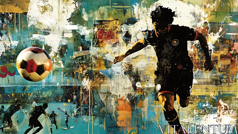 Soccer player strikes ball through energetic abstract city field