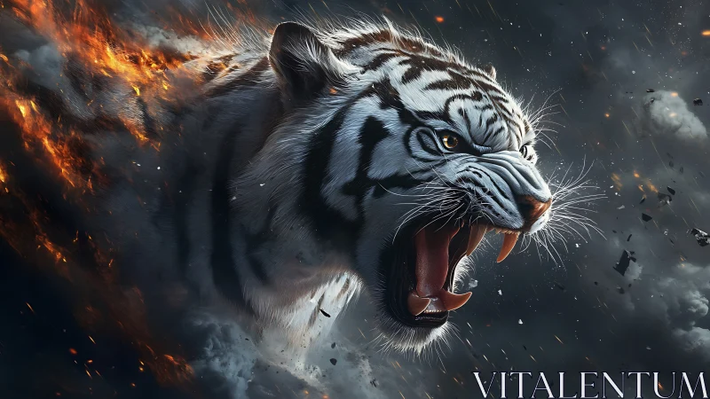 White firestorm tiger roars through shattering storm sky.