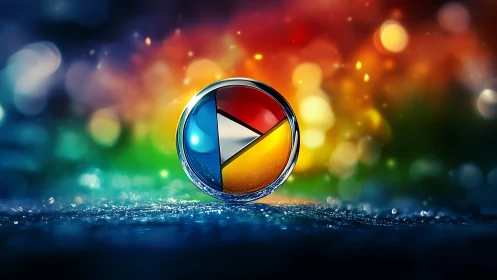 Glossy circular media icon on wet surface with bokeh light.