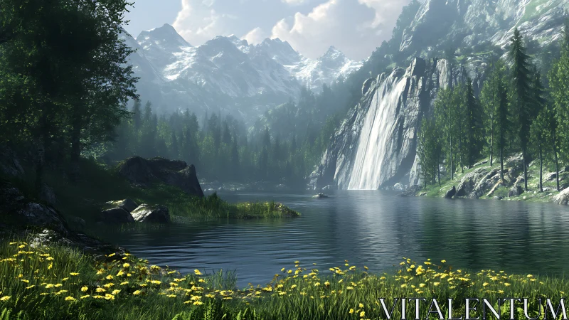 Gentle waterfall pours into a calm alpine lake of wildflowers