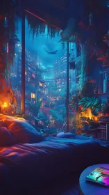 Neon jungle bedroom overlooks luminous futuristic city night