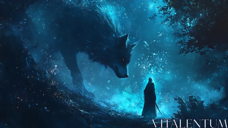 Cloaked warrior confronts giant spectral wolf in blue forest