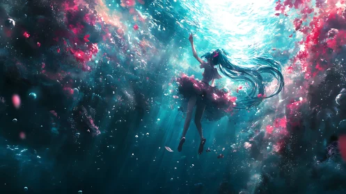 Underwater girl drifts through luminous teal and crimson bloom