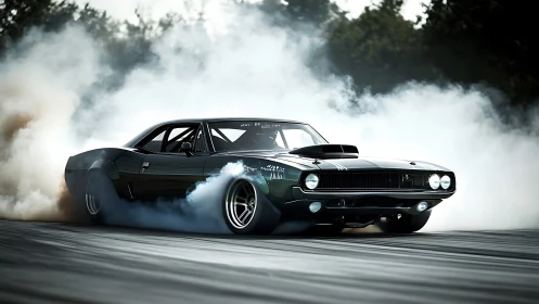 High-torque muscle car executing controlled drift maneuver.