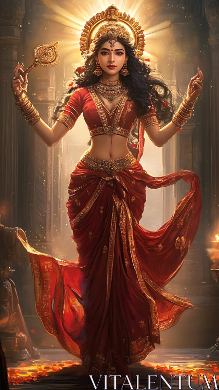 Divine goddess figure in red sari with golden halo