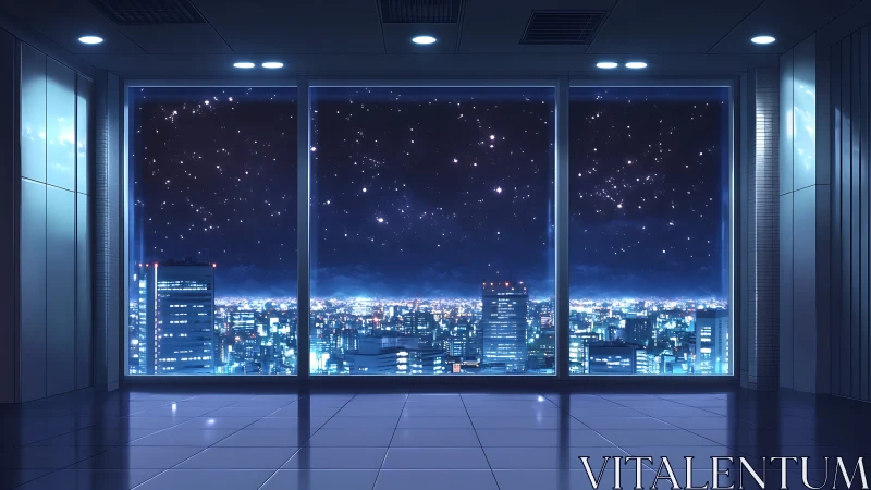 Quiet high-rise window gazing over a starlit electric city.