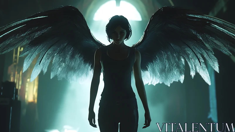 Dark winged figure in backlit urban interior scene.