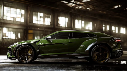 Green luxury SUV rendered in dramatic industrial warehouse.