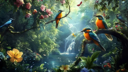 Chromatic kingfishers in a hyper-luminous rainforest cascade.