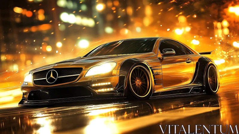 Golden night drive with a sleek city racing machine.