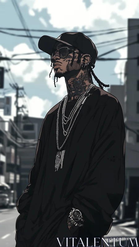 Urban noir drifter bathed in sunlit concrete swagger.