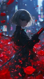 Blue eyed swordswoman in red petals at night city street.