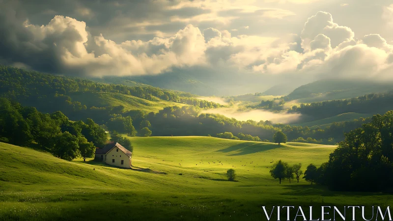 Golden light rolls over quiet farmhouse and green hills